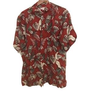 Pierre Cardin Hawaiian Shirt Vintage Red Medium Tropical Pineapple‎ Camp Rayon